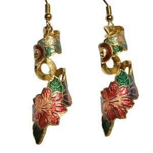 Vintage Cloisonne Hibiscus Flower Earrings Hawaiian Red Floral Enamel Gold Tone